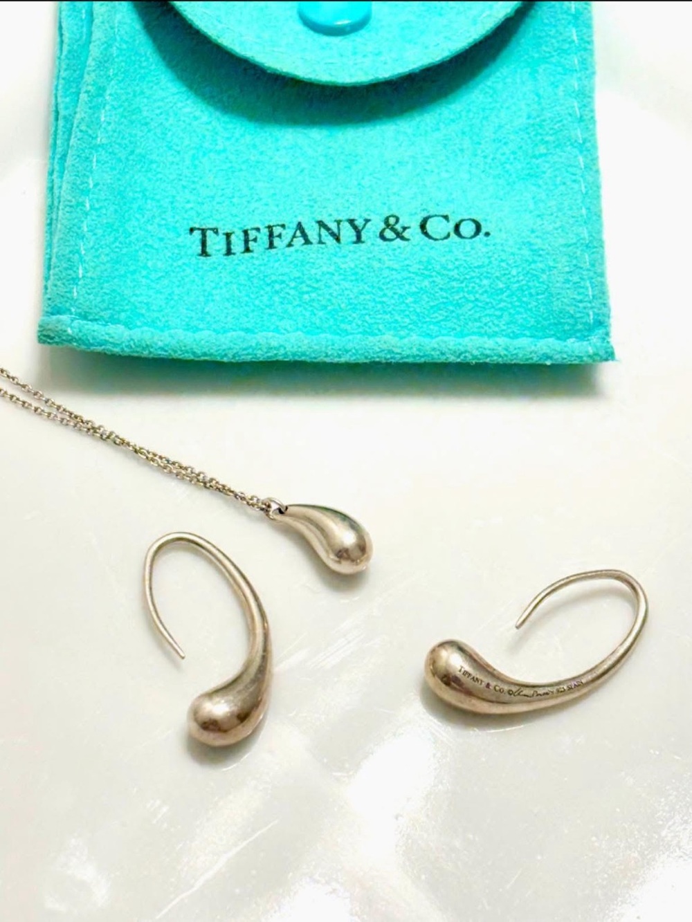 Tiffany & Co. Silver Elsa Peretti Tear Drop Hook Earrings and Pendant